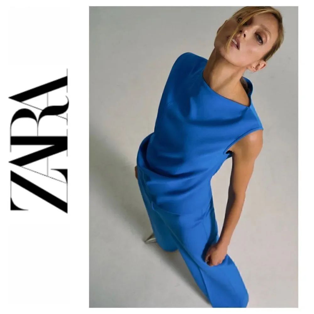 NWT Zara Asymmetrical Boatneck Collar Top in Mid-Blue, Size Medium